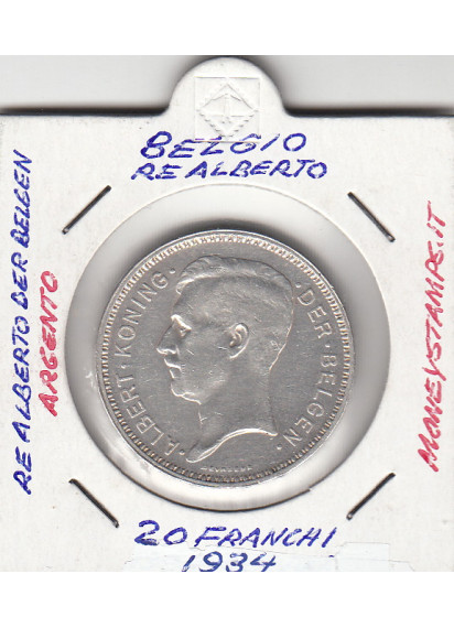 BELGIO 20 Franchi 1934 Argento KM #105 Leopoldo II Stupenda